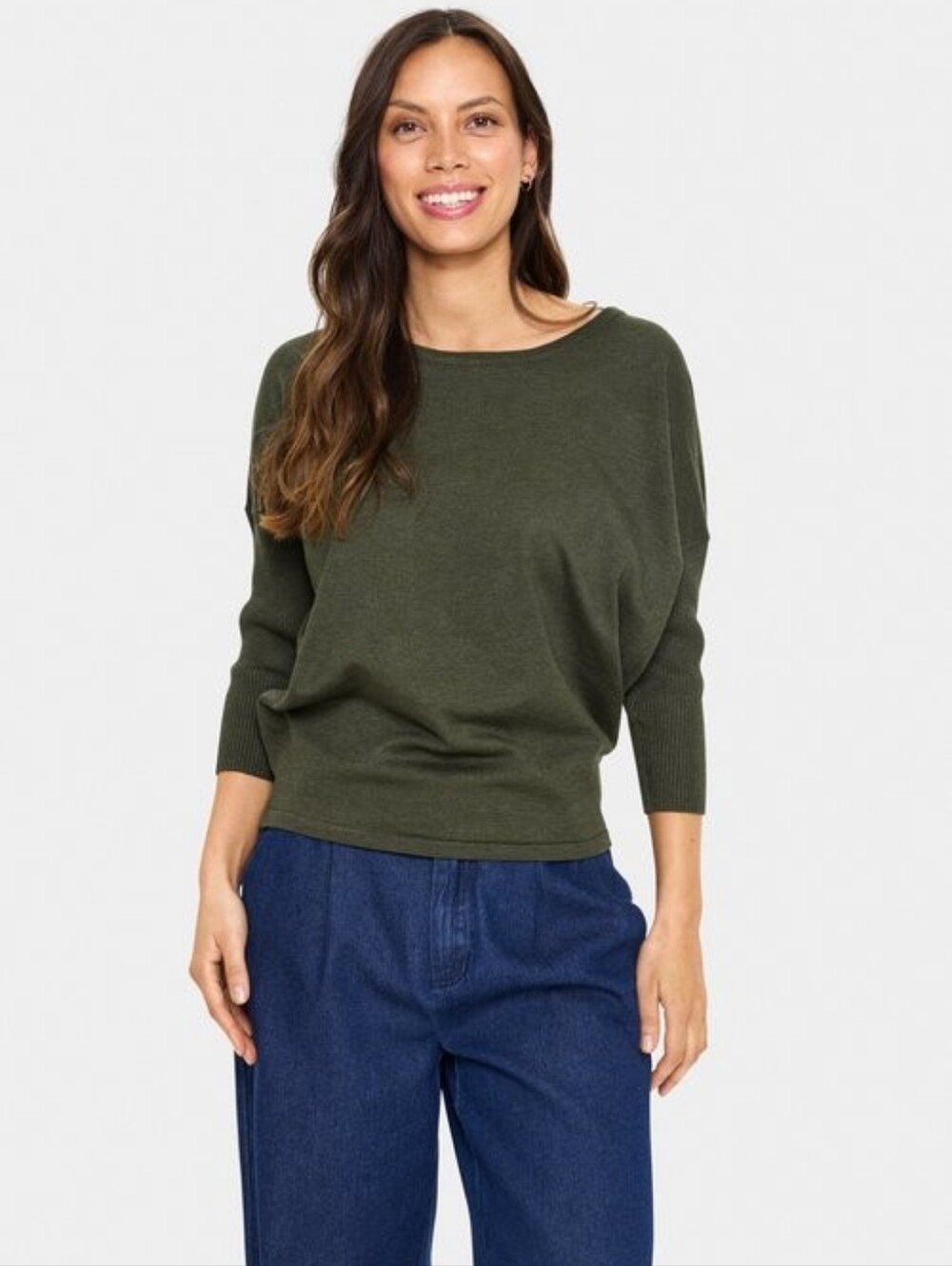 Saint Tropez Olive Crewneck Sweater With Dolman Style Sleeves